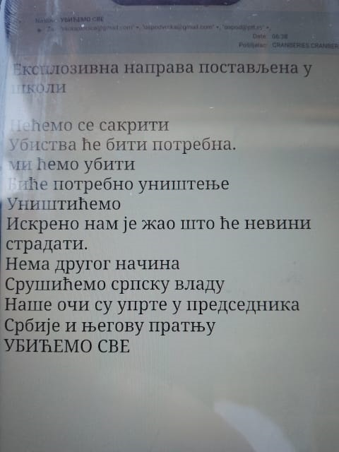 Уништићемо све, жао нам је што ће невини страдати: Порука која леди крв у жилама, овако изгледа мејл који је јутрос затворио на десетине школа у Моравичком и Златиборском округу (ФОТО)