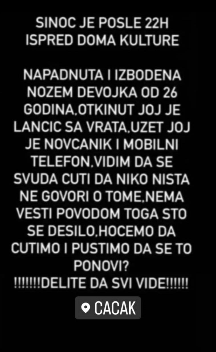 Девојку напао ножем у центру Чачка, другу претукао и покушао да је уведе у аутомобил: Језиве објаве шире се друштвеним мрежама, невероватно шта су све људи спремни да ураде/ Фото: Принтскрин друштвене мреже